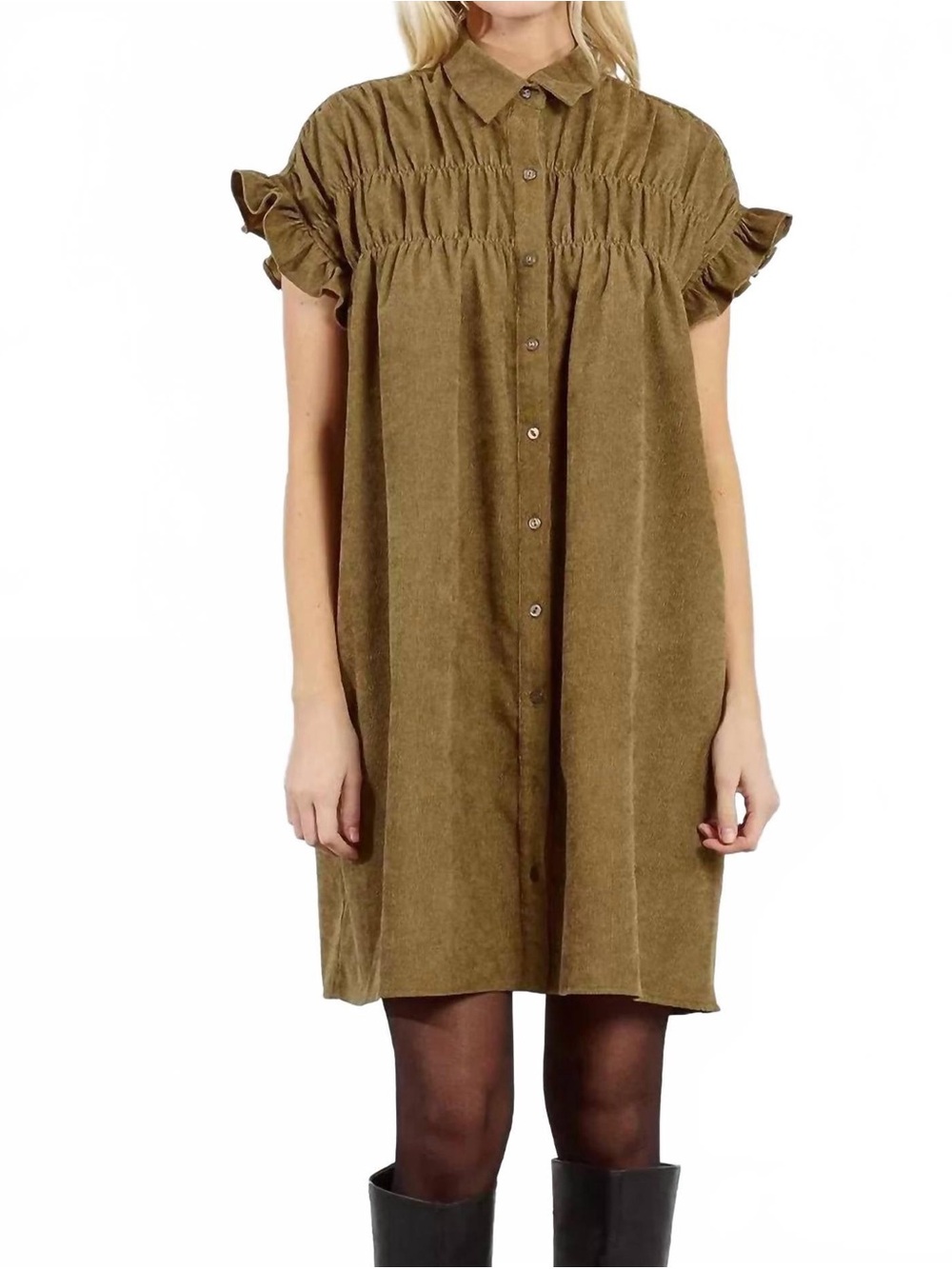 Lili Sidonio Brown Corduroy Dress Smocked Neck Button Front Medium